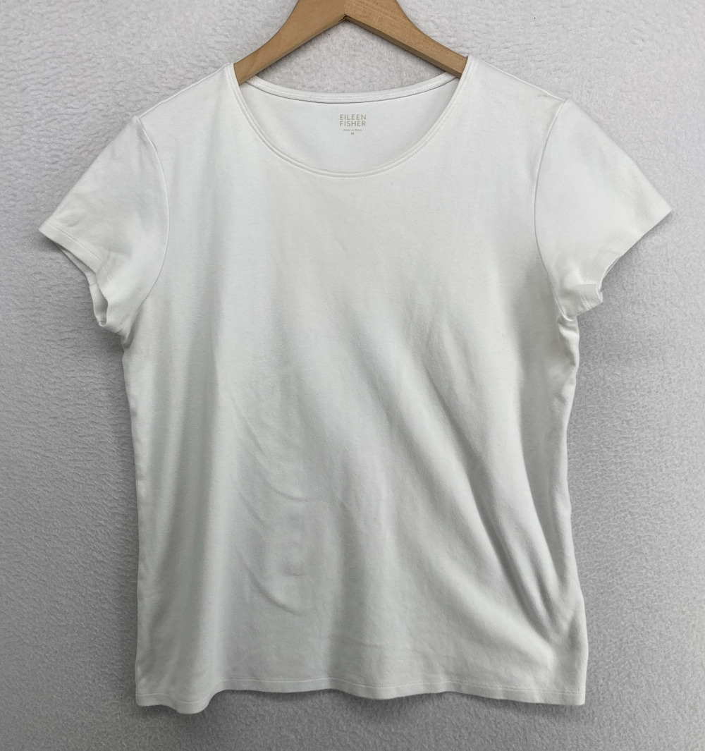 EILEEN FISHER Top M Cotton Interlock Jersey Crew Neck Short Sleeve Basic White
